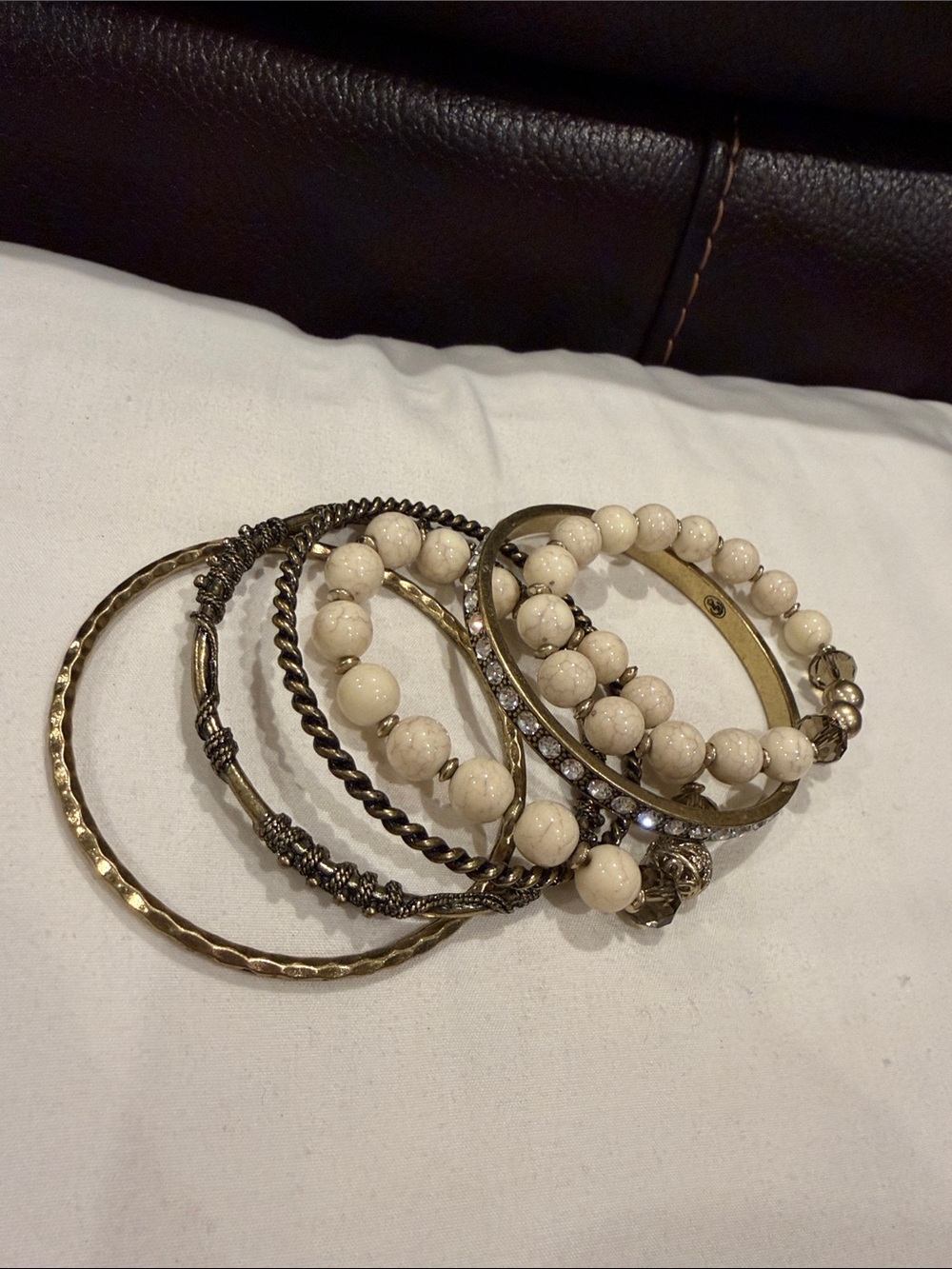 Premier Designs Cream Bead and Gold-Tone Bangle Stack